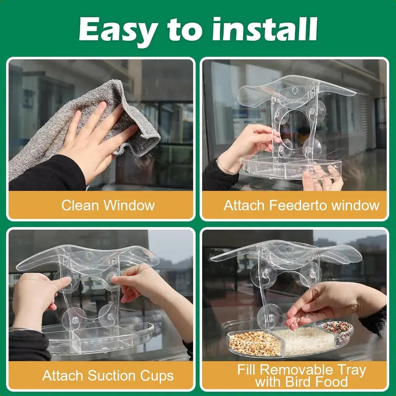Window Bird Feeders with Detachable Seed Tray for Small Birds, Acrylic Clear Bird Feeders with Drainage Holes for Gardening Gifts, 4 Extra Strong Suction Cups 3
