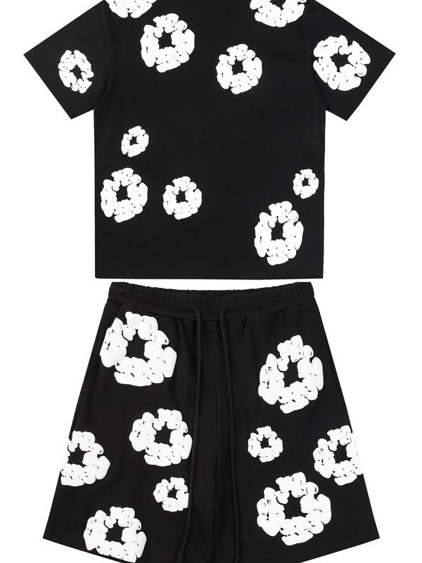 New Unisex T-Shirt Shorts Set Foam Print High Street Simple All-Match Drawstring Five-Point Sports Pants Sset 0