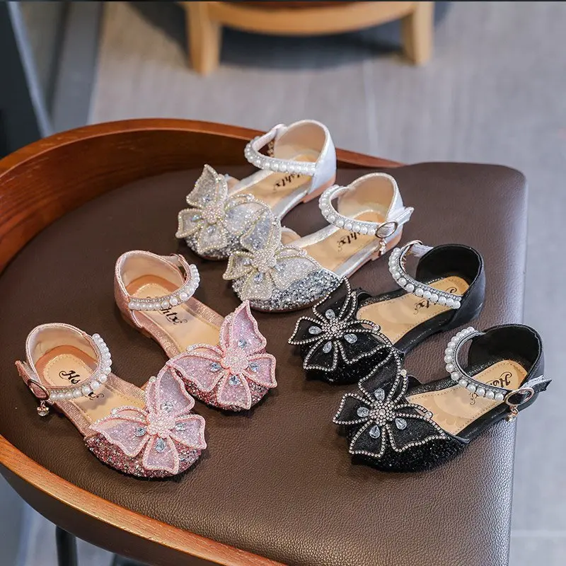 1Pair Kids Baby Girl Bow Princess Shoes Sandals For Children's Girls Non-slip Sequin Dance Performance Shoes 1