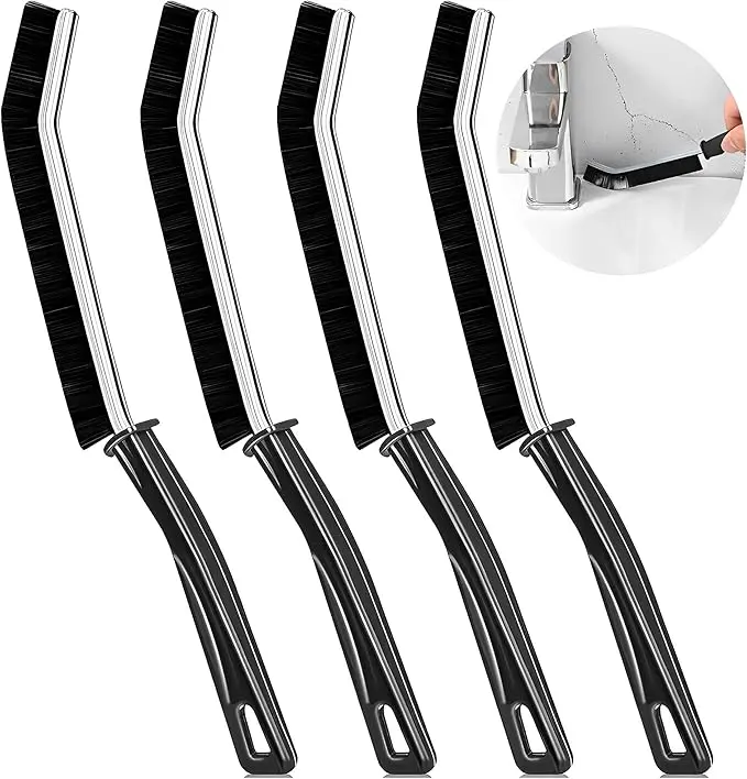4pcs Multifunctional Crevice Brush Tool, Hard Bristle Cleaner Brush, Long Handle Narrow Crevice Cleaning Tool for Tiny Window Door Track Bathroom Home Kitchen Tile (Black)