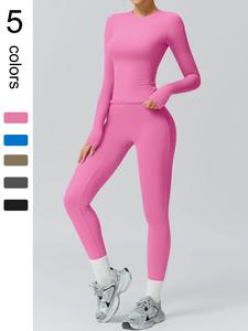 Two piece women's solid color sports suit long sleeved round neck sports T-shirt high waisted tight pants sewn high stretch back to school autumn fashion sports clothing yoga clothes four seasons outdoor running and cycling gym exercise training