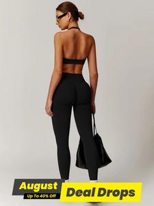 Women's Solid Backless Halter Crop Top & High Waist Leggings Set, Sporty Breathable Comfortable Outfits for Yoga Gym Workout Running, Ladies Sportswear for All Seasons, Yoga Tracksuit Set, Gym Apparel, Skinny Sportswear, Sports Clothes