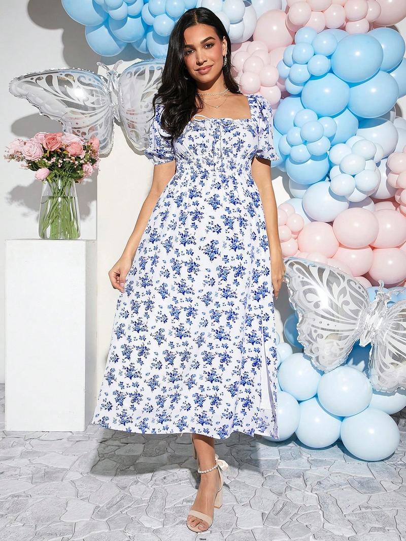 Product Introduction of Festival For Dress Fit Ditsy Elegant Loomaby Maternity Party Floral Tight Mid - Calf Baby Shower Music 44