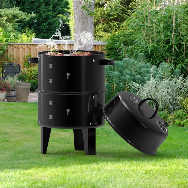 Warmiehomy Round Smoker BBQ Charcoal Barbecues with Temperature Gauge BBQ Charcoal Grill 2 Tier Outdoor for Party Camping, Black Black-1 7
