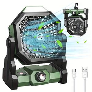 Outdoor Camping Adjustable Fan, Rechargeable Fan with LED Lantern Illumination, Portable 270° Rotation Cooling Fan with Hook for Travel Picnic Fishing