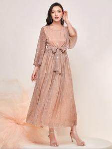Women's Glitter Sequin Belted A Line Dress, Regular Fit  Elegant 3/4 Sleeve Round Neck Long Dress for Party Holiday Wedding Guest, Ladies Spring & Fall Clothes