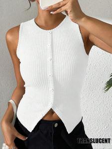 Women's Slim-Fit Knitted Crop Top, Casual Round Neck Sleeveless Vest, Split Hem Button Design, All Seasons Fashionable Wear