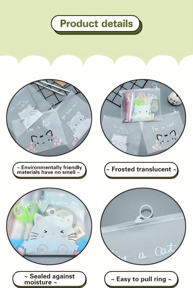 Product Introduction of 3PC Transparent A5 File Organizers - Cute Cartoon Cats, Large Capacity, Zipper Closure, Office Supplies 2