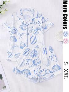 Women's All Over Print Button Front Top & Elastic Waist Shorts Pyjama Two-piece Set, Casual Comfy Short Sleeve Top & Shorts Pj Set, Ladies Sleepwear for All Seasons, Shorts Pajama Set