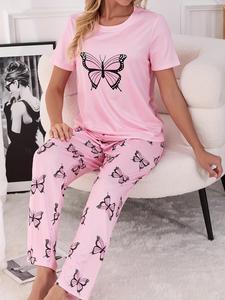 Women's Butterfly Print Short Sleeve Tee & Pants Pyjama Two-piece Set, Casual Comfy Round Neck T-shirt & Trousers Pj Set, Ladies Summer Sleepwear, Cute Pajamas, Girl Pajama Pants