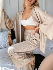 Two-Piece Set Women's Drop Shoulder Kimono & Elastic Waist Pants Set, Solid Color Woven Tops With Wide Leg Pants Co-ord Sets, Loose Casual Comfy Outfits Sets for Daily Wear, Summer Outfits 2024