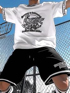 Men's All Over Eagle Print Short Sleeve Tee & Monogrammed Shorts Two-Piece Set, Regular Fit Casual Round Neck T-shirt & Track Shorts, Men's Summer Clothes Set