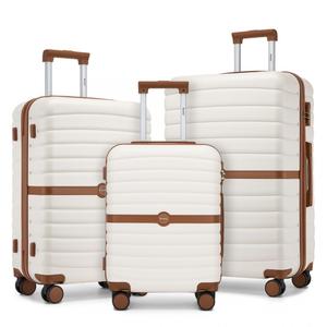 [MissLulu Bags] Striped Design ABS+PC Hardshell 20''(55x40x20cm)/24''/28'' with Colour-Block Details Luggage with 360 Spinner Wheels - Cream and Brown