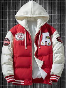 Men's Colorblock Letter Patched Drawstring Hooded Jacket, Regular Fit Casual Long Sleeve Button Front Pocket Outerwear for Fall & Winter, Men's Clothes for Daily Wear, Coat