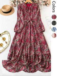 【Plus Size】 Paisley Print Tie Waist Dress, Boho Fashion Casual Long Sleeve Dress for Daily Holiday Vacation Wear, Women Plus Clothing for Spring & Fall, Womenswear, Summer