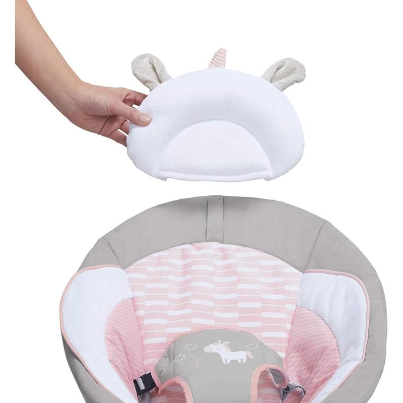 Ingenuity, Cradling Baby Bouncer Seat Flora the Unicorn, Ultra-Plush Padded Chair with Vibration and Melodies, Removable Toy Bar, Ages Newborn 4