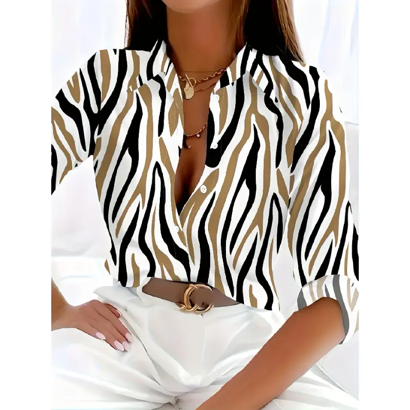 Chic Zebra Print Long Sleeve Blouse for Women - Versatile All-Season Button-Up Shirt with Lapel Collar, Casual to Business-Casual Style, Digital Print Polyester, Lightweight and Breathable