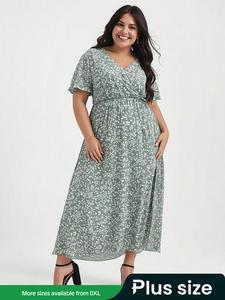 【Plus Size】 Ditsy Floral Print Wrap Split Thigh Dress, Boho Butterfly Sleeve V Neck A Line Dress for Beach Holiday Vacation, Women's Clothes for Summer, Womenswear, Bohemian Casual Wear