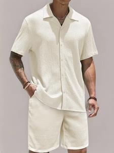 Men's Solid Short Sleeve Shirt & Shorts Two-Piece Set, Regular Fit Casual Button Down Collared Top & Shorts for Summer, Men's Two-Piece Outfits for Beach Vacation, Menswear, Co Ord Set