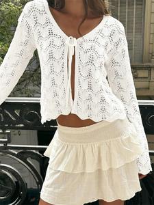 Women's Plain Tie Front Cardigan, Casual Long Sleeve Cardigan for Summer, Fashion Women's Knit Clothing for Daily Wear, Tops