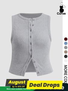 【Plus Size】Solid Button Front Ribbed Crewneck Tank Top, Casual Boho Sleeveless Round Neck Top for All Seasons, Tops for Women, Women's Casual Fashion Sleeveless Clothes for Daily Wear, Sassyclassyclothing, Summer Tops, Basic Womenswear, Lady Vest