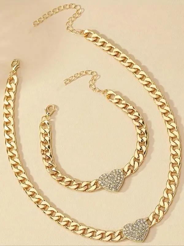 Women's Elegant Rhinestone Decorated Heart Design Necklace & Bracelet Set, Exquisite Trendy Chain Design Jewelry Set, Fashionable Jewelry Set As Gift for Women Gifts For Girlfriend, Valentine's Day, Gift 4
