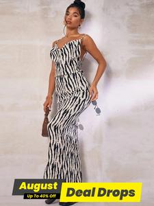 Women's Zebra Striped Print Backless Cami Dress, Casual Boho Fashion Adjustable Strap Cowl Neck Sleeveless Maxi Dress for Beach Holiday Vacation, Summer Dresses, Spaghetti Strap Womenswear, Bohemian Sleeveless Dress