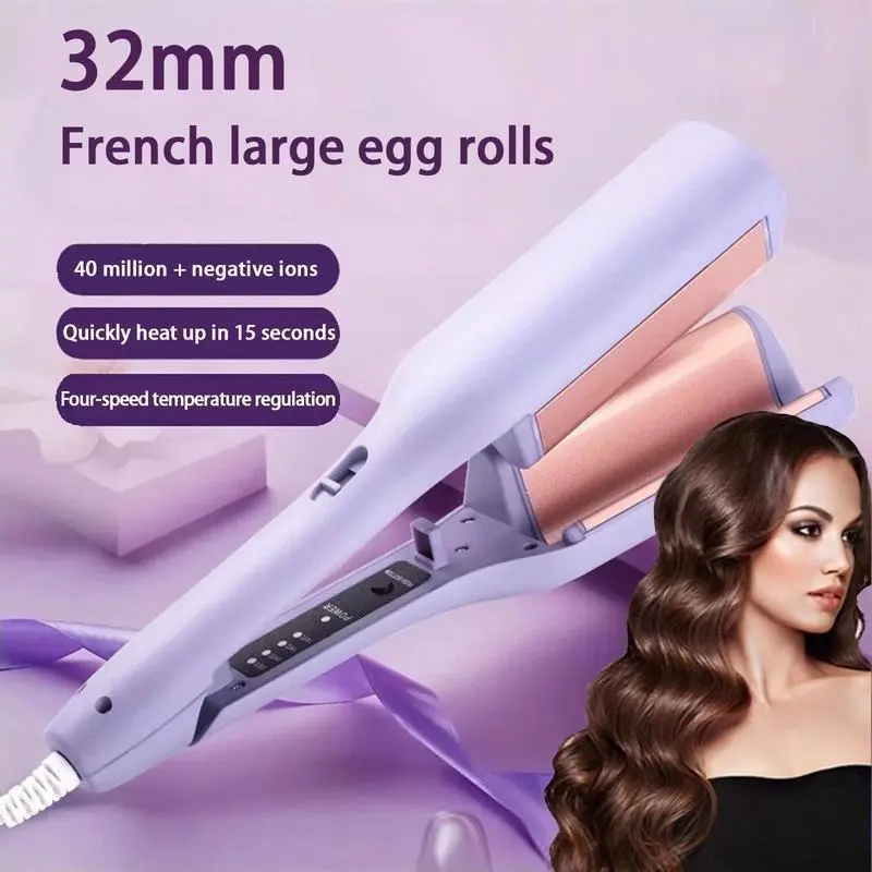 French Wave Curling Iron, Egg-Roll Hairstyle Water Ripple V-Shaped Spring Sale, 4 Gears Temperature Fast Heating Ceramic Barrel, 32mm Mermaid Wave Wand for Long or Short Hair Comfort Purple