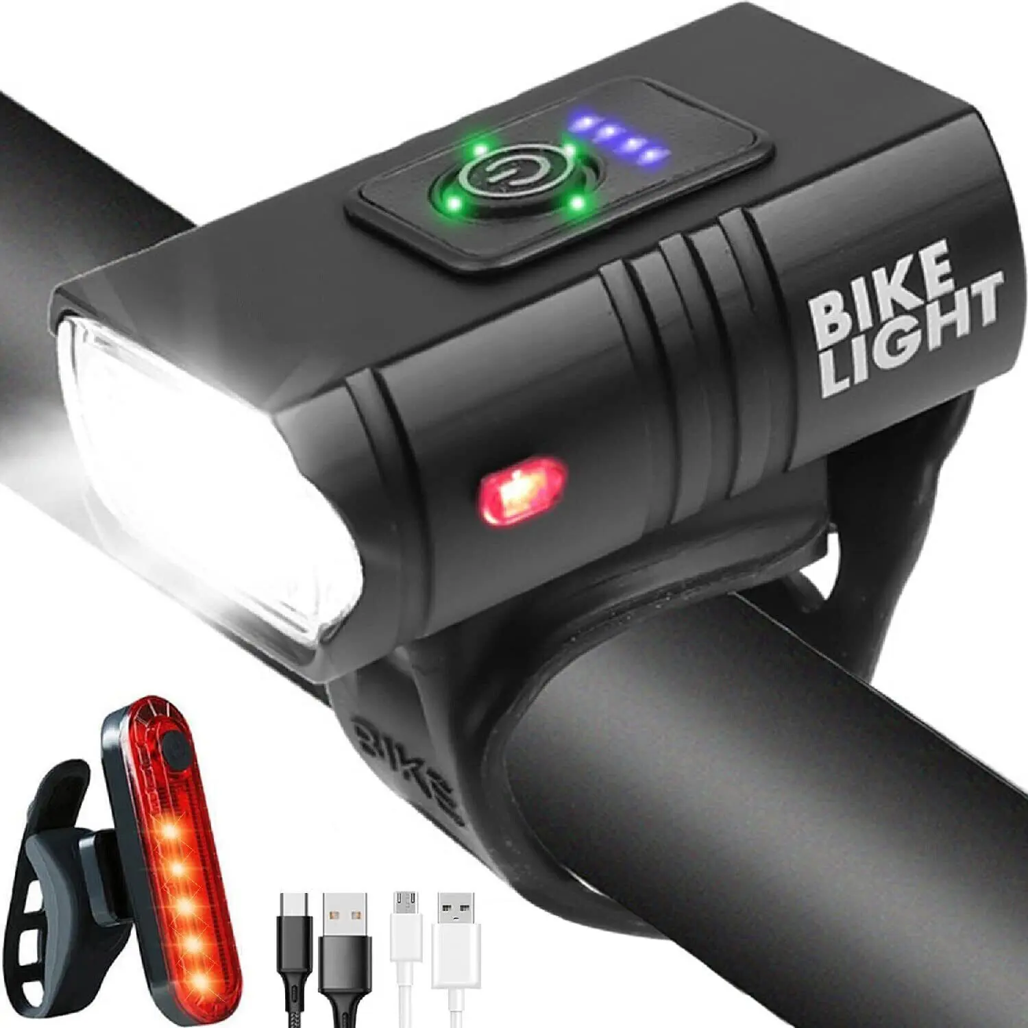 USB Rechargeable Bike Light Set - 1000LM Front & Rear LED Lamps | Waterproof, 5 Modes for Night Cycling