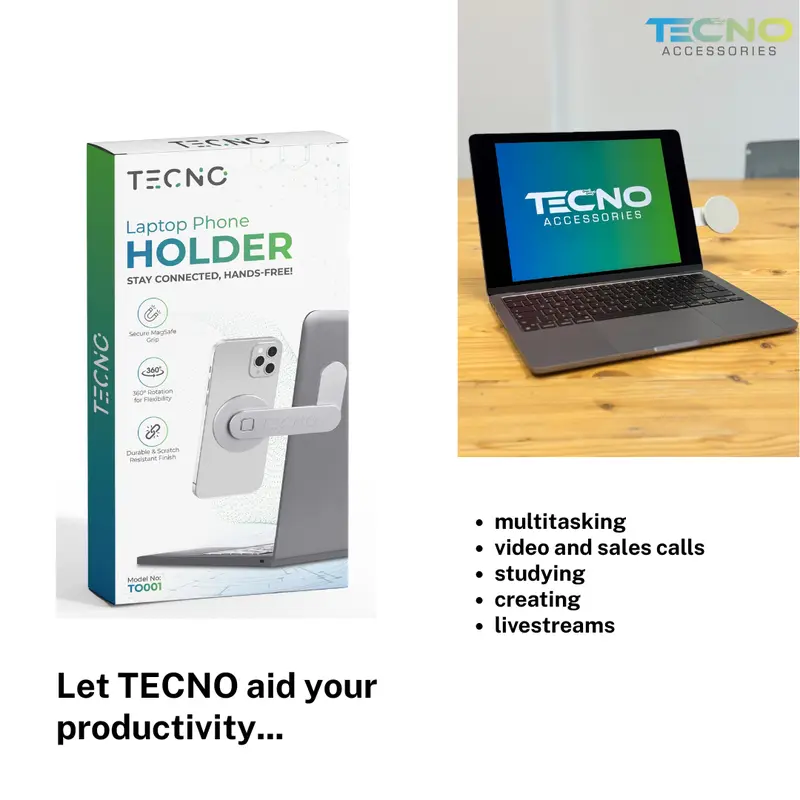 TECNO Magnetic Laptop Phone Holder, Side Mount Adjustable Laptop Stand, Foldable Arm With Magnetic Grip, Lightweight Aluminum Design - Ideal For Remote and Hybrid Workers, Students & Creators - Smartphone, Cellphone 5