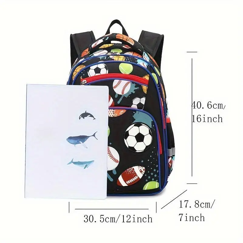 Kids Sports Backpack for Boys, Durable Multi-Layer School Bag with Adjustable Straps, Lightweight Oxford Material, Zipper Closure, Print Design for Ages 6-12, Travel Backpack 4