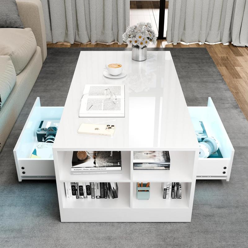 Coffee Table with 2 Drawer Storage, High Gloss Coffee Table for Living Room Wooden Centre Table with RGB Led Lights Rectangle Tea Table for Living Room Furniture, White 3