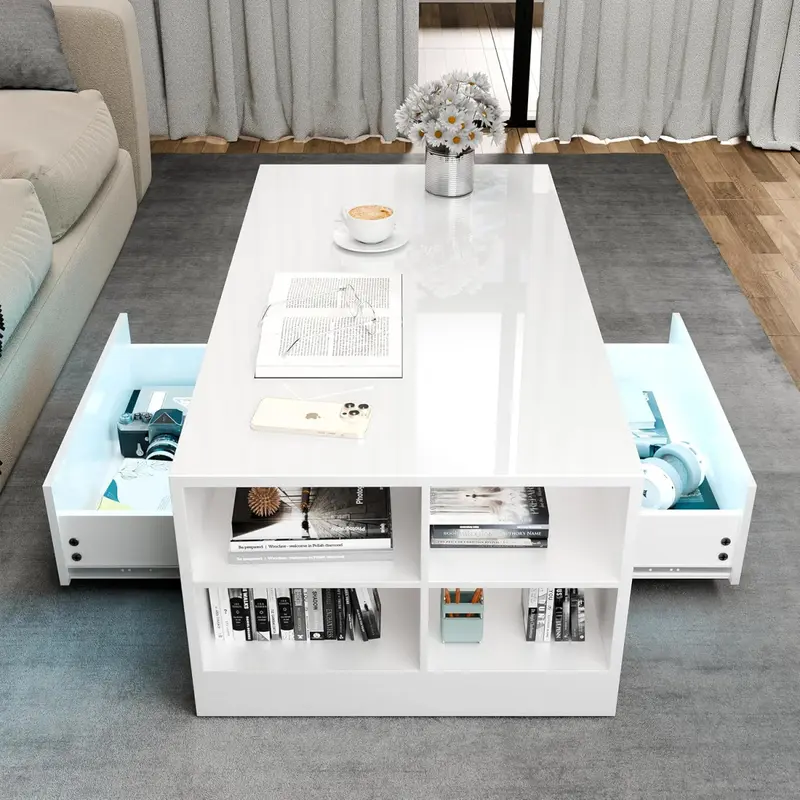 Coffee Table with 2 Drawer Storage, High Gloss Coffee Table for Living Room Wooden Centre Table with RGB Led Lights Rectangle Tea Table for Living Room Furniture, White 3