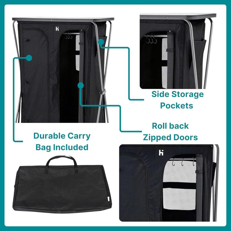 Wardrobe with 5 Shelves, Hanging Rail & Side Pockets, Steel Frame, Easy to Assemble, Portable, Folding, Collapsible, Ideal for Camping and Festivals, includes Carry Bag, Black 5