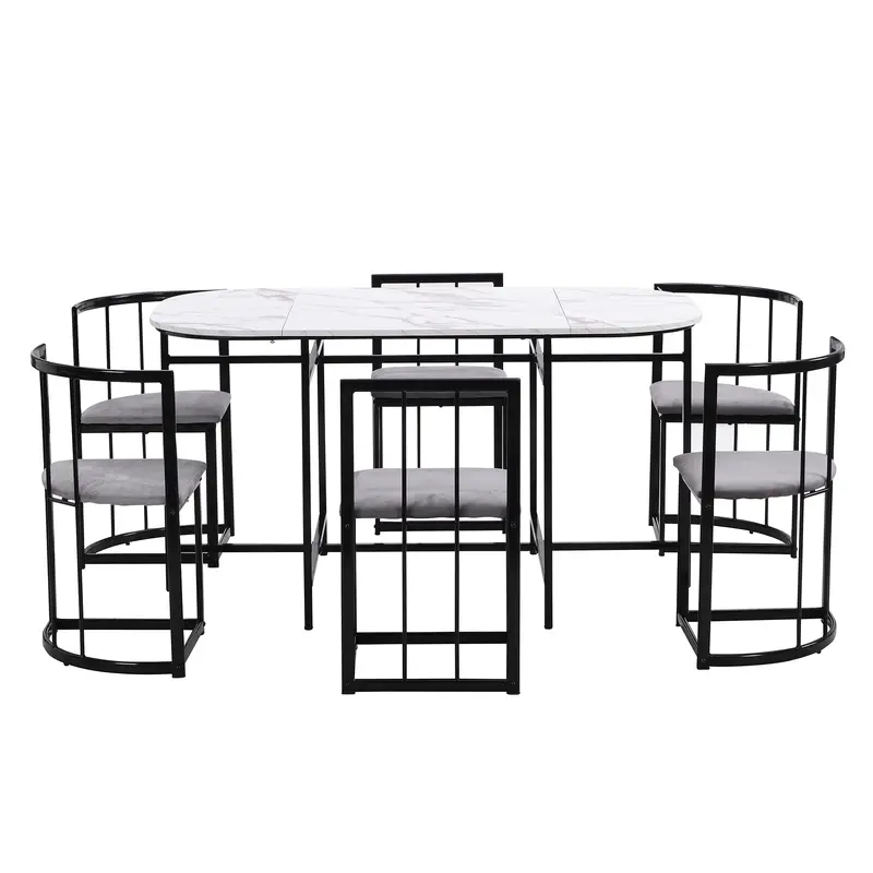Six-chair dining table set: (White table, chairs with backrests and gray cushions, black iron frame), dining room table and chair set, modern dining table combination 5