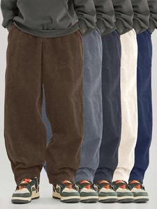 Men's Solid Drawstring Waist Pocket Corduroy Pants, Casual Comfy Straight Leg Trousers for Fall & Winter, Men's Bottoms for Daily Wear