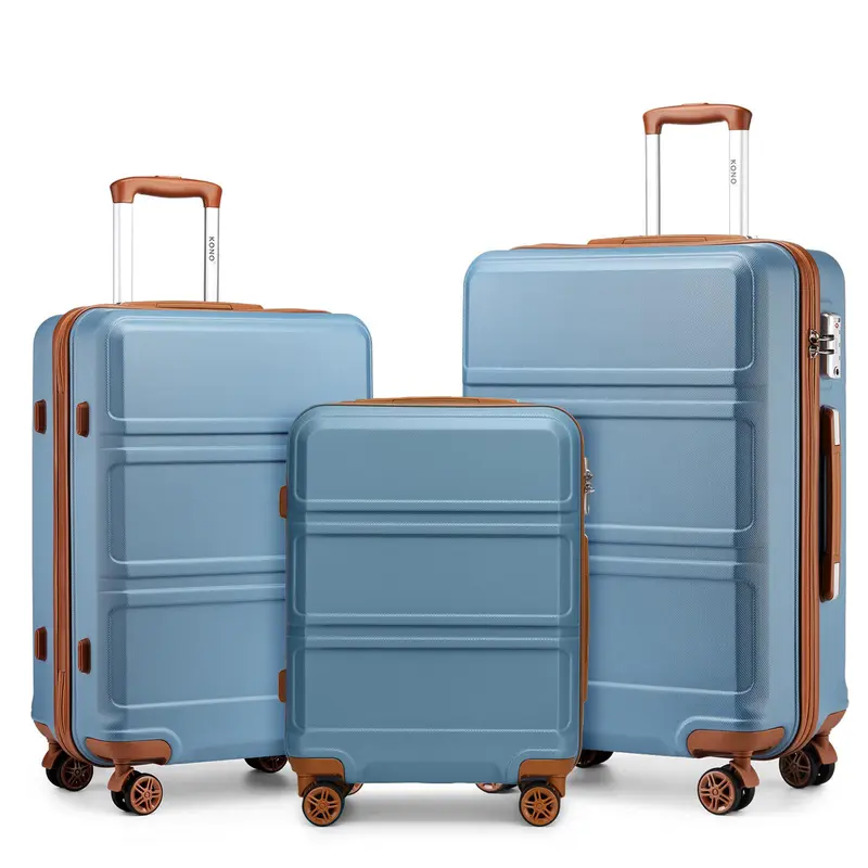 [MissLulu Bags] Sculpted Horizontal Design ABS  20''/24''/28'' Suitcase  with TSA Lock and 12'' Vanity Case - Denim Blue and Brown 0