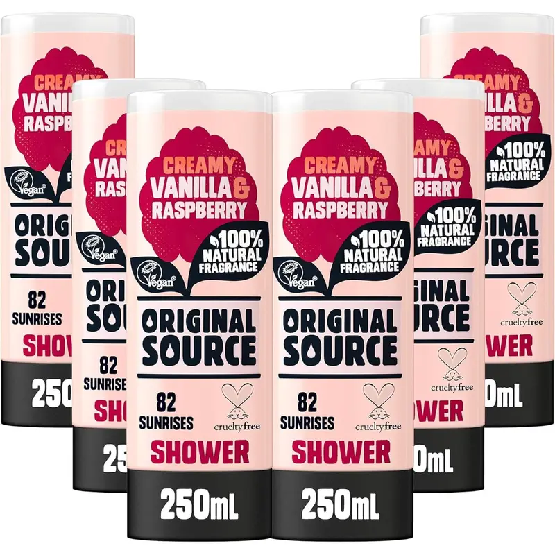 Original Source Vanilla & Raspberry Shower Gel, 100 Percent Natural Fragrance, Vegan, Cruelty Free, Paraben Free, Bulk Buy, Pack of 6 x 250 ml 0