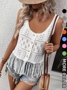 Women's Plain Fringe Trim Button Sweater Vest, Elegant Scoop Neck Sleeveless Knit Top for Summer, Fashion Women's Knitwear for Daily Wear