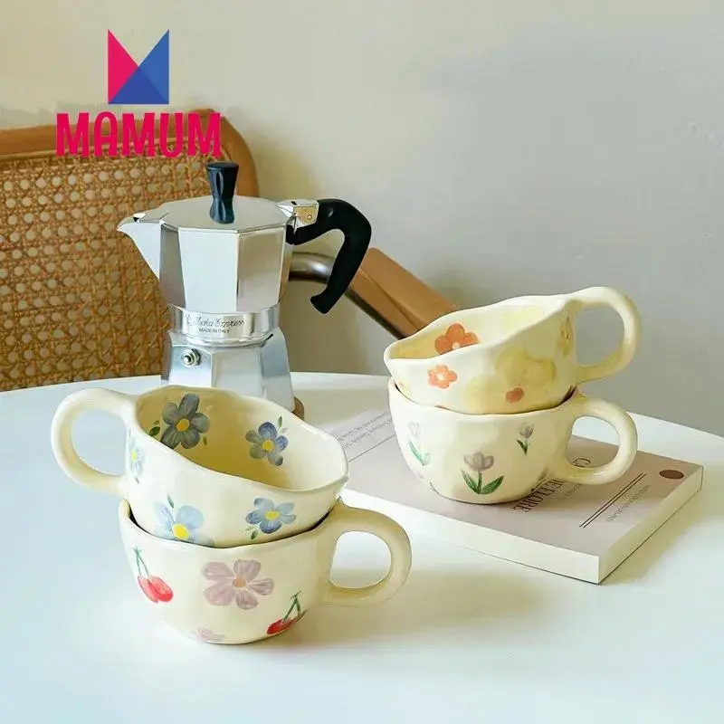 [Exquisite mug] Hand Pinched Irregular Flower Ceramic Mugs Coffee Cups Milk Tea Cup Ins Korean Style Oatmeal Breakfast Mug Drinkware Kitchen cup Tumbler Reusable