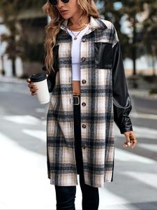 Women's Plaid Patchwork Print Button Front PU Leather Coat, Casual Drop Shoulder Long Sleeve Outerwear for Fall & Winter, Ladies Clothes for Daily Wear