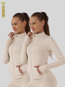 Women's Solid Zip Up Sports Jacket, 2 Count Breathable Long Sleeve Sports Outerwear for Gym Workout Running, Ladies Sportswear for All Seasons