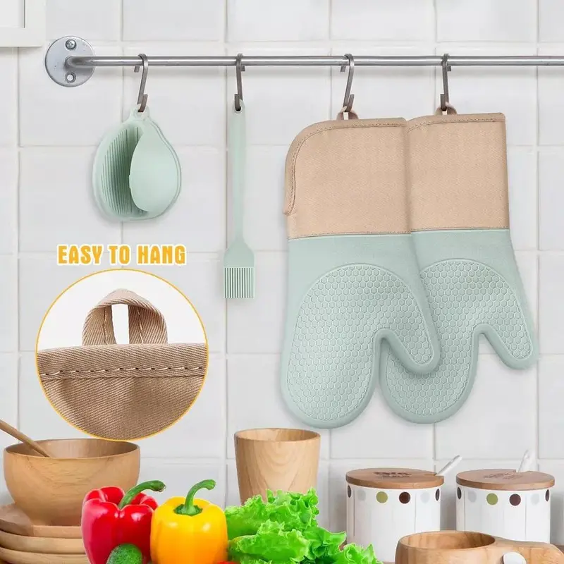 Heat Resistant Silicone Oven Gloves and Pot Mats Set for Cooking and Baking - Bakeware Kitchen Waterproof 8