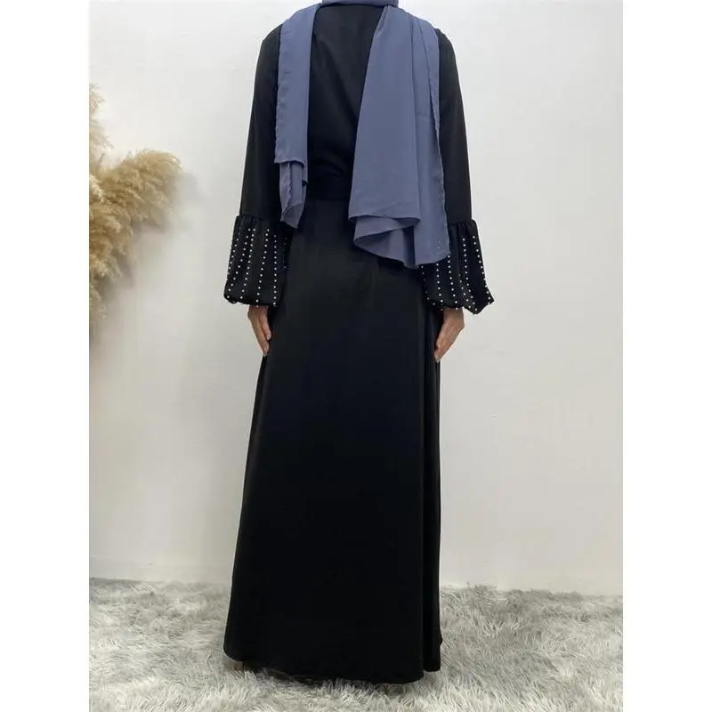 Women's Faux Pearls Decor Tie Front Abaya Without Hijab, Modest Long Sleeve Maxi Abaya, Summer Outfits 2024, Muslim Clothes For Women 5