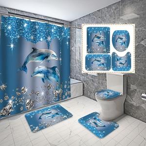 Dolphin Pattern Shower Curtain Sets with Hooks, 1 Set Non-slip Bath Mat and U-shaped Mat, Waterproof Shower Curtain for Home Bathroom Decor