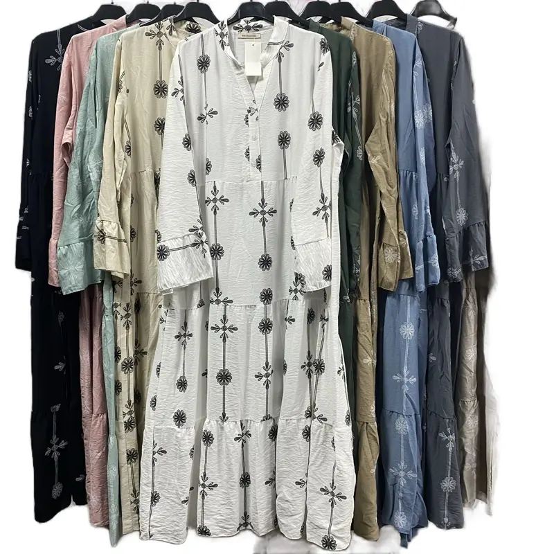 Women's Button printed Linen V-Neck Long Dress 12-18 Size UK for Summer - 54 Inches - Womenswear, Casual, Comfort tiktok shop maxi