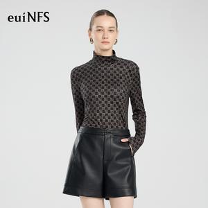 【euiNFS】Women’s Printed Turtleneck Long Sleeve Top | Stretchy Slim Fit High Neck Tee | Retro Geometric Pattern | Elegant Layering Base Shirt【E343146】