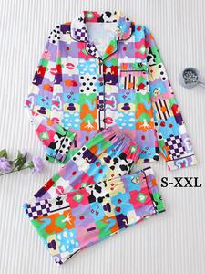 Women's All Over Print Lapel Neck Pocket Shirt & Elastic Waist Pants Pyjama Two-piece Set, Casual Comfy Long Sleeve Button Up Top & Trousers PJ Set, Ladies Sleepwear for Summer