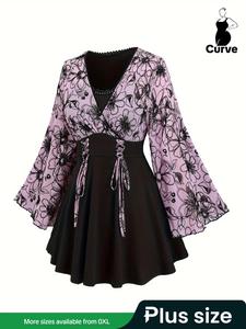 【Plus Size】 Patchwork Floral Print Lace Up Flounce Sleeve Tee, Elegant Long Sleeve Tee for Fall & Winter, Women's Clothes for Daily Vacation Party