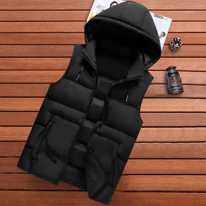 Slim Fit Warm Hooded Vest for Women, Pure Color Womenswear Black 3